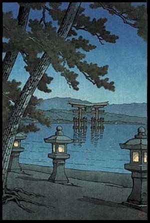 Torii at Miyajima Shrine in Moonlight by Kawasa Hasui (1886-1957)
